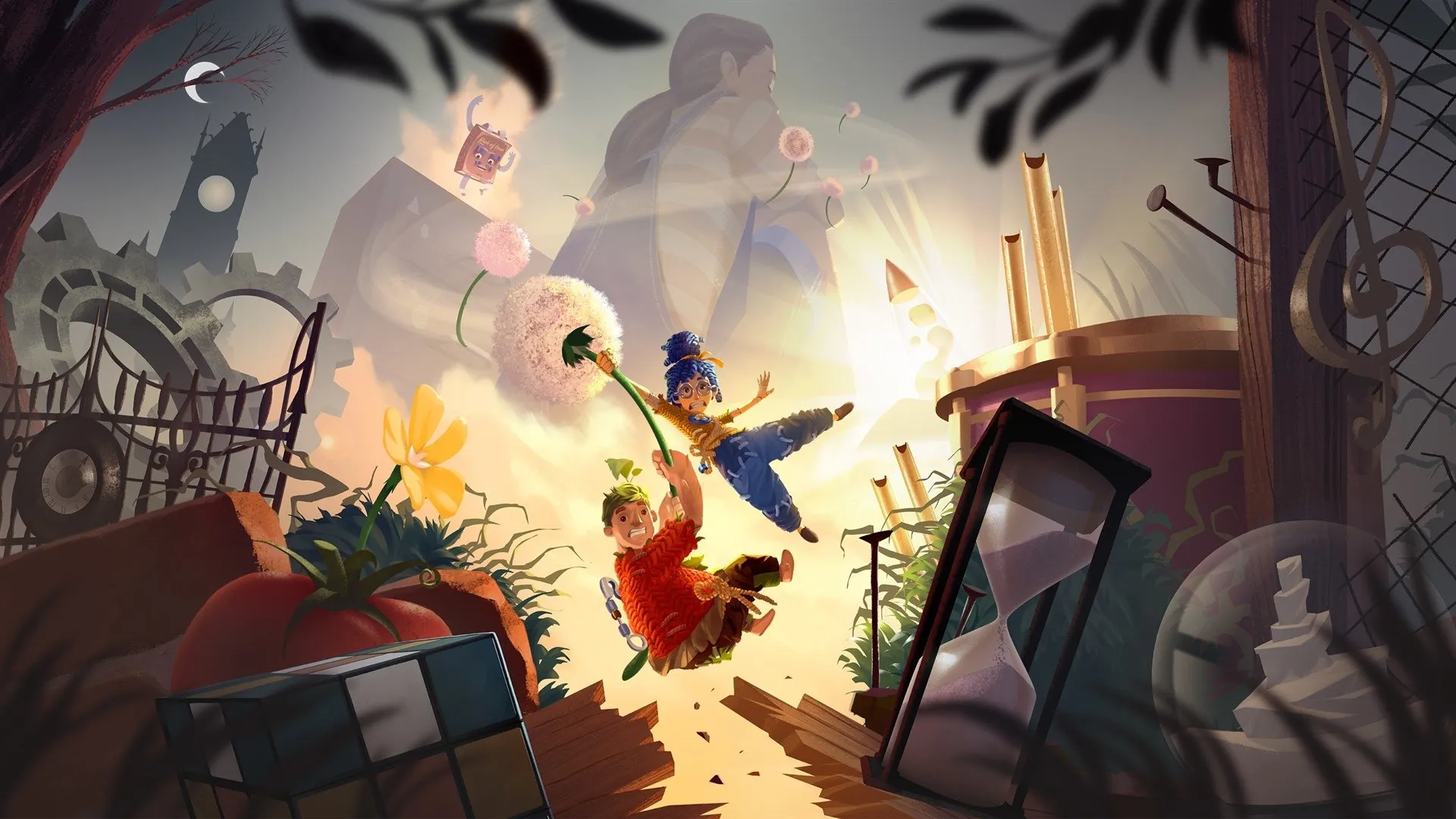 It Takes Two key art: the game's two heroes tumble through a giant, storybook-style garden.